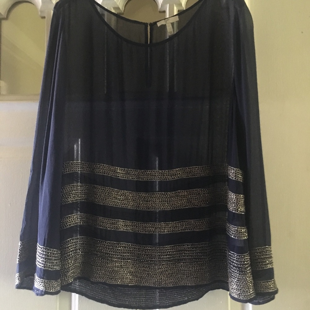 Joie Navy Beaded Silk Top 3/4 Length Sleeve Small